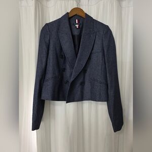 ​Tommy Hilfiger Navy Micro-Check Cropped Blazer - Double Breasted Office Jacket